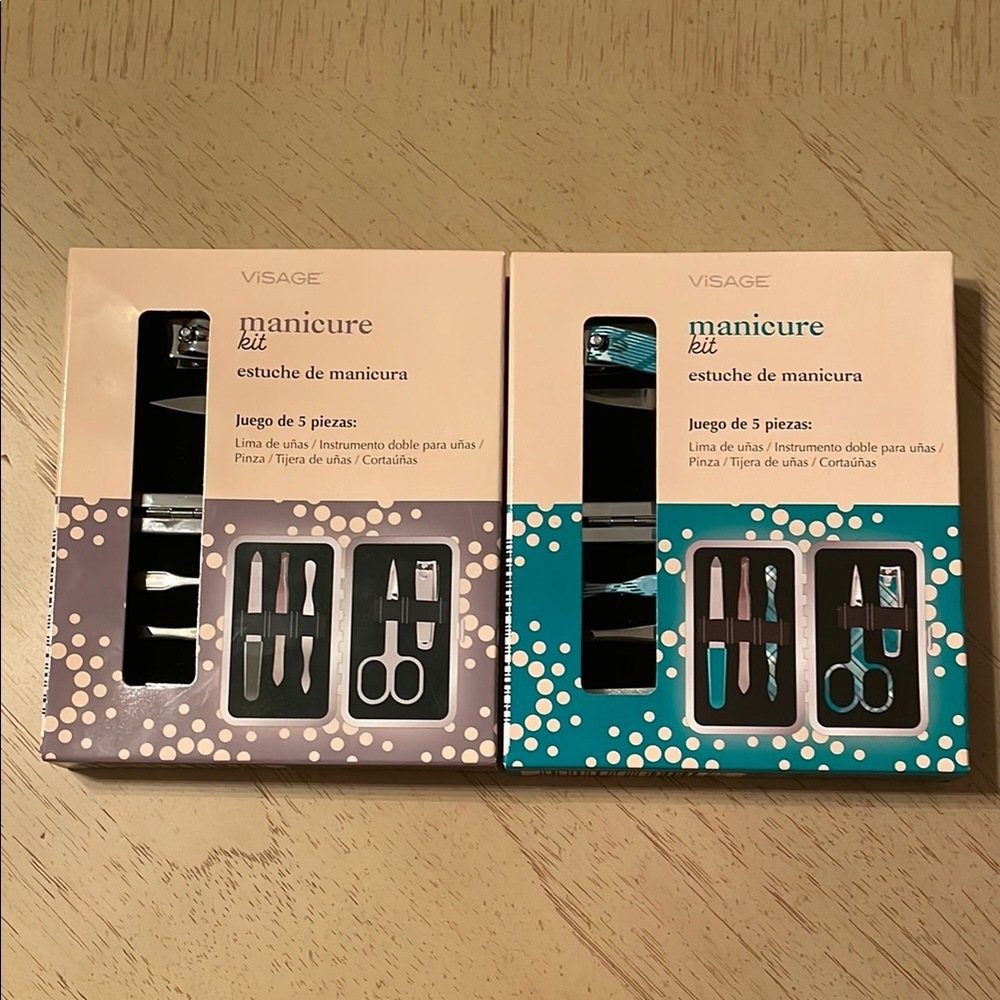 Lot of 2 Visage Manicure Set Black and Teal hard clam shell case Compact Design